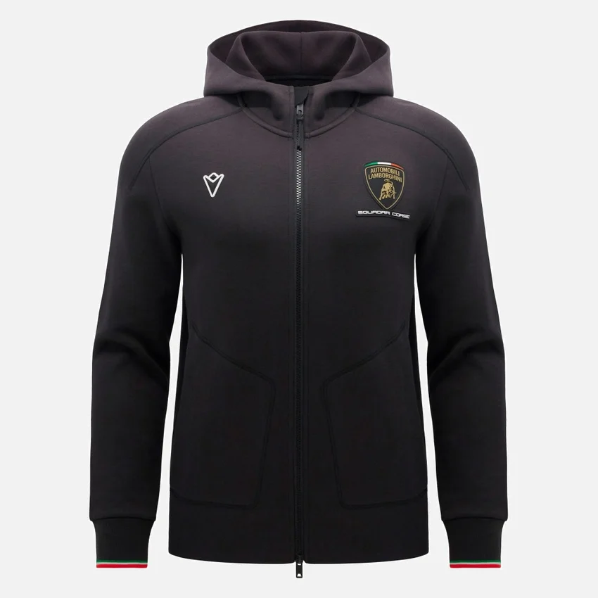 Automobili Lamborghini Squadra Corse Herren-Sweatshirt in Schwarz mit Dreifarb-Motiv und durchgehendem Reissverschluss Automobili Lamborghini Squadra Corse Herren-Sweatshirt in Schwarz mit Dreifarb-Motiv und durchgehendem Reissverschluss