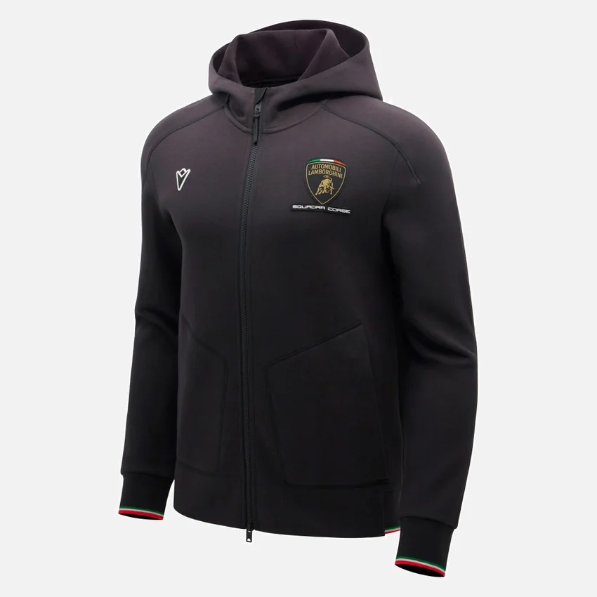 Automobili Lamborghini Squadra Corse Herren-Sweatshirt in Schwarz mit Dreifarb-Motiv und durchgehendem Reissverschluss Automobili Lamborghini Squadra Corse Herren-Sweatshirt in Schwarz mit Dreifarb-Motiv und durchgehendem Reissverschluss