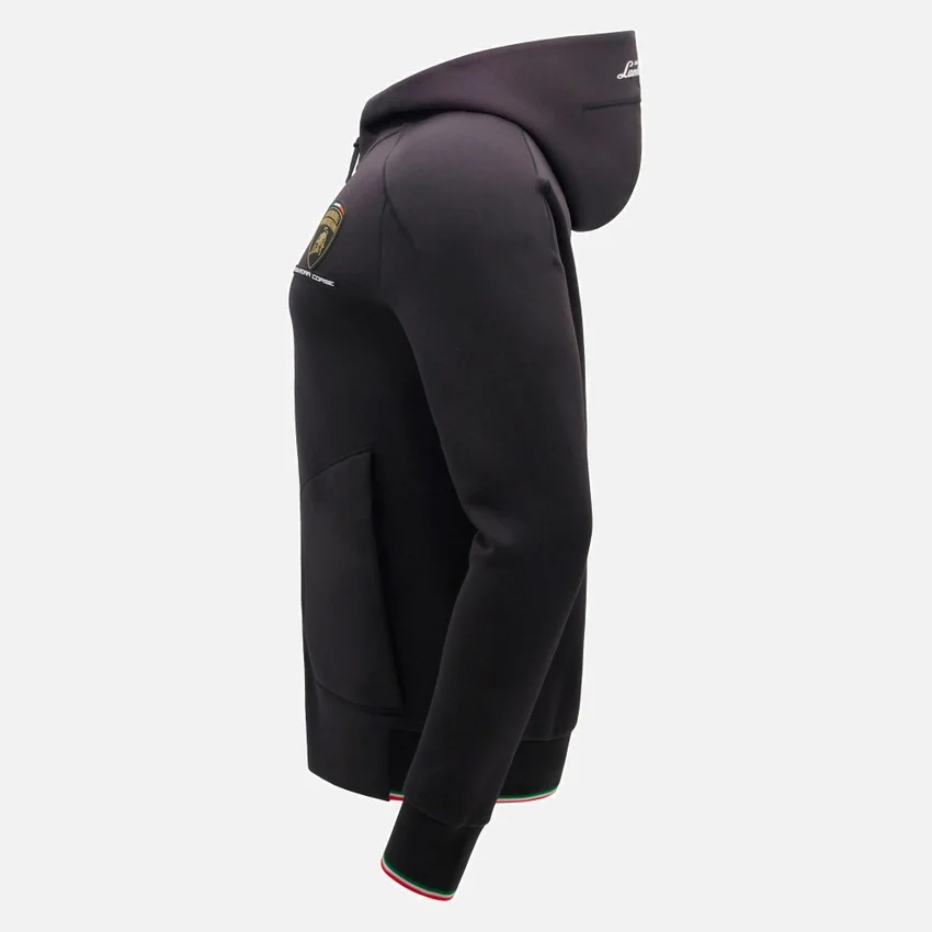 Automobili Lamborghini Squadra Corse Herren-Sweatshirt in Schwarz mit Dreifarb-Motiv und durchgehendem Reissverschluss Automobili Lamborghini Squadra Corse Herren-Sweatshirt in Schwarz mit Dreifarb-Motiv und durchgehendem Reissverschluss