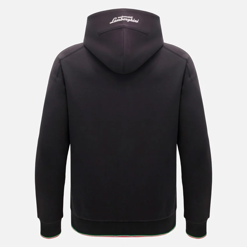 Automobili Lamborghini Squadra Corse Herren-Sweatshirt in Schwarz mit Dreifarb-Motiv und durchgehendem Reissverschluss Automobili Lamborghini Squadra Corse Herren-Sweatshirt in Schwarz mit Dreifarb-Motiv und durchgehendem Reissverschluss