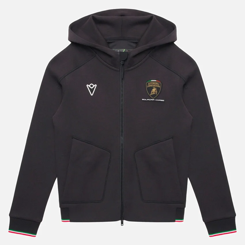 Automobili Lamborghini Squadra Corse Kinder-Sweatshirt in Schwarz mit Dreifarb-Motiv und durchgehendem Reissverschluss Automobili Lamborghini Squadra Corse Kinder-Sweatshirt in Schwarz mit Dreifarb-Motiv und durchgehendem Reissverschluss