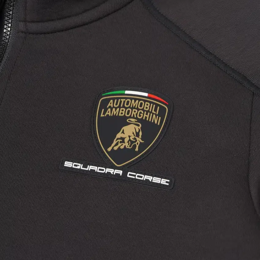 Automobili Lamborghini Squadra Corse Kinder-Sweatshirt in Schwarz mit Dreifarb-Motiv und durchgehendem Reissverschluss Automobili Lamborghini Squadra Corse Kinder-Sweatshirt in Schwarz mit Dreifarb-Motiv und durchgehendem Reissverschluss